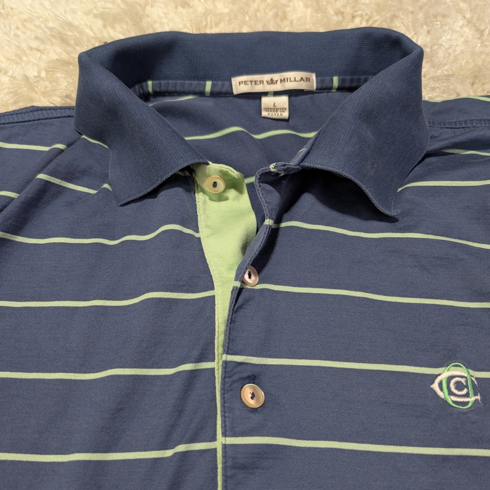 Peter Millar Men's Navy & Light Green Striped Polo